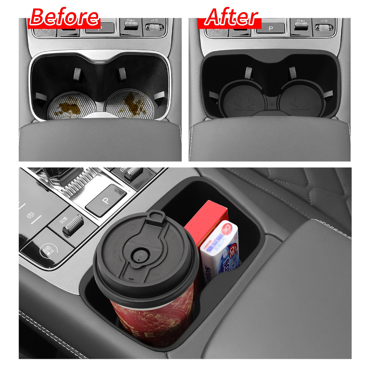 FanzyMarket black center console storage tray with silicone anti-slip pad, armrest cup organizer for auto interior and phone mounts.