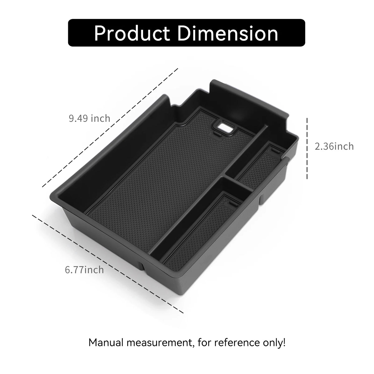 Black FanzyMarket center console storage tray with silicone anti-slip pad, armrest cup organizer for auto interior use.