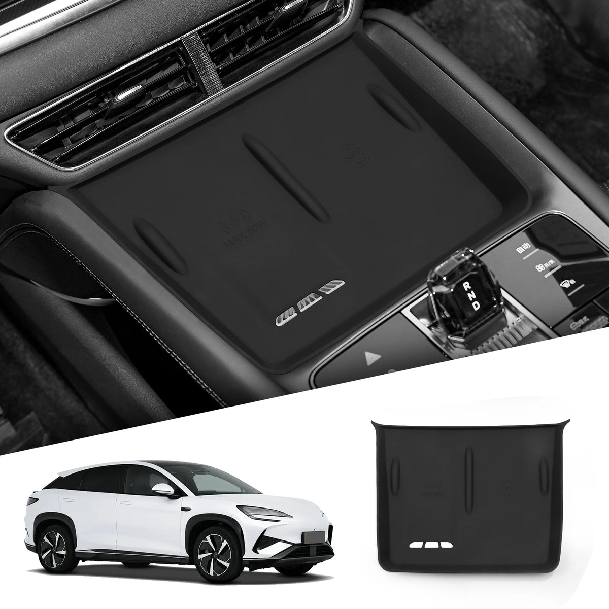 Black center console storage tray with silicone anti-slip pad and cup holder, ideal for car armrests and interior organization.