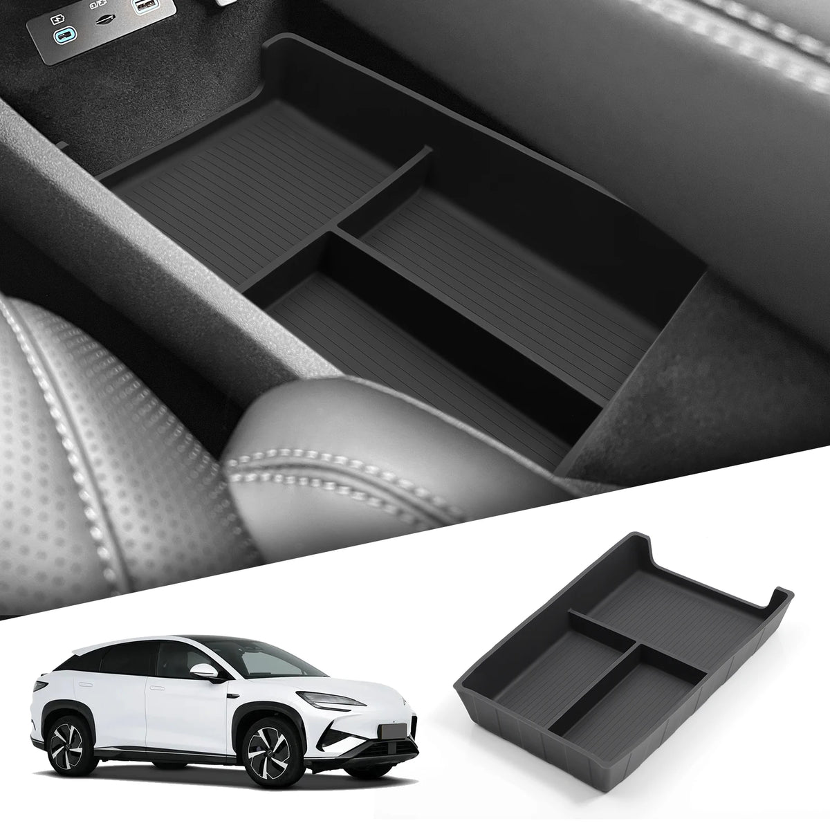 Black FanzyMarket center console storage tray with silicone anti-slip pad and cup holder for auto interior organization.