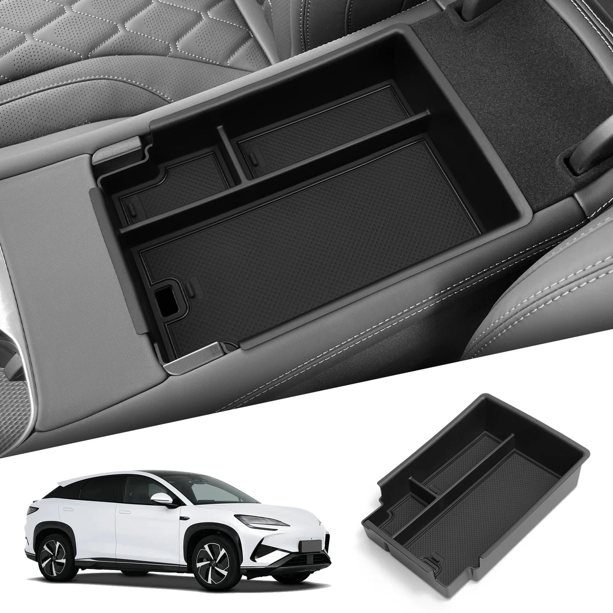 FanzyMarket black center console storage tray with silicone anti-slip pad, armrest cup organizer, designed for auto interior use.