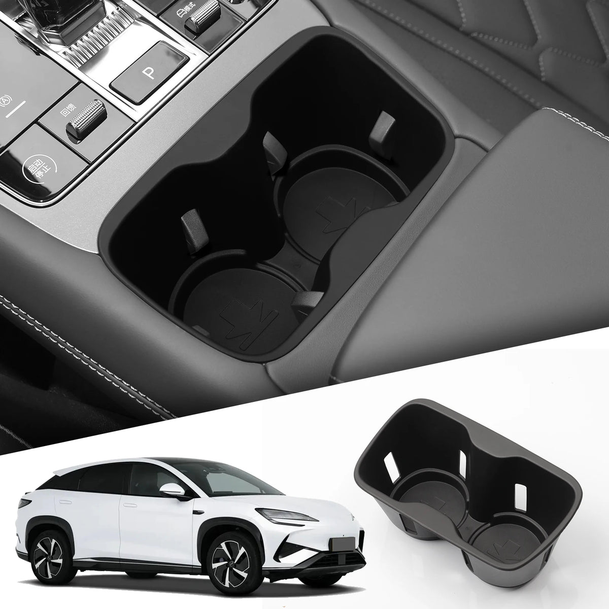 FanzyMarket black center console storage tray with silicone anti-slip pad, armrest cup organizer for auto interior.