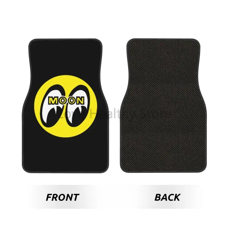 Moon Eyes motorcycle racing 4-piece car floor mats by FanzyMarket, neoprene rubber, all-weather, front and rear sizes.