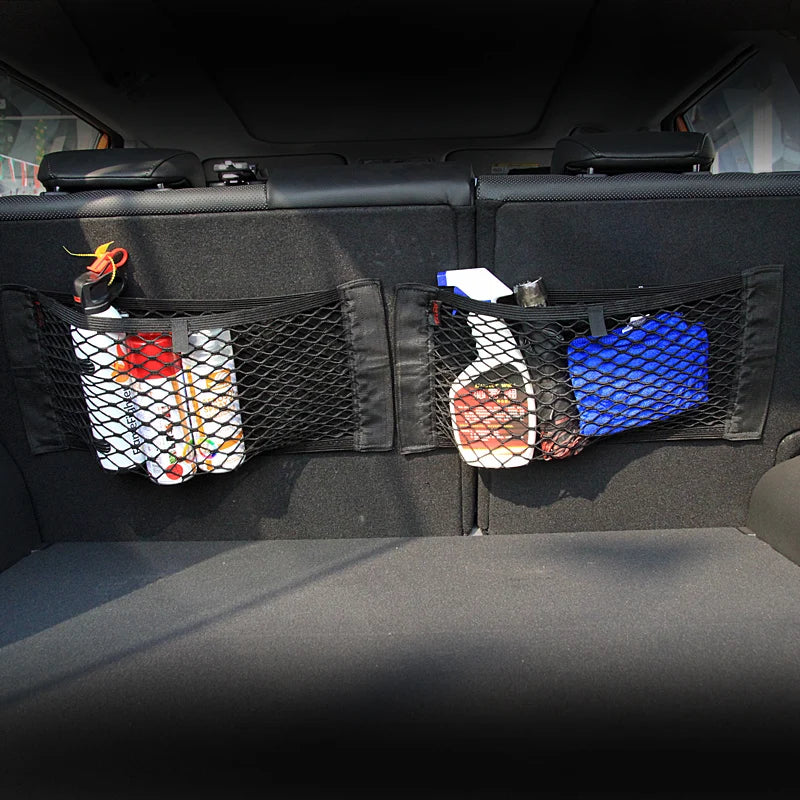 FanzyMarket car trunk storage mesh net bag, 40x20cm, adhesive elastic organizer for auto interior and phone mounts.