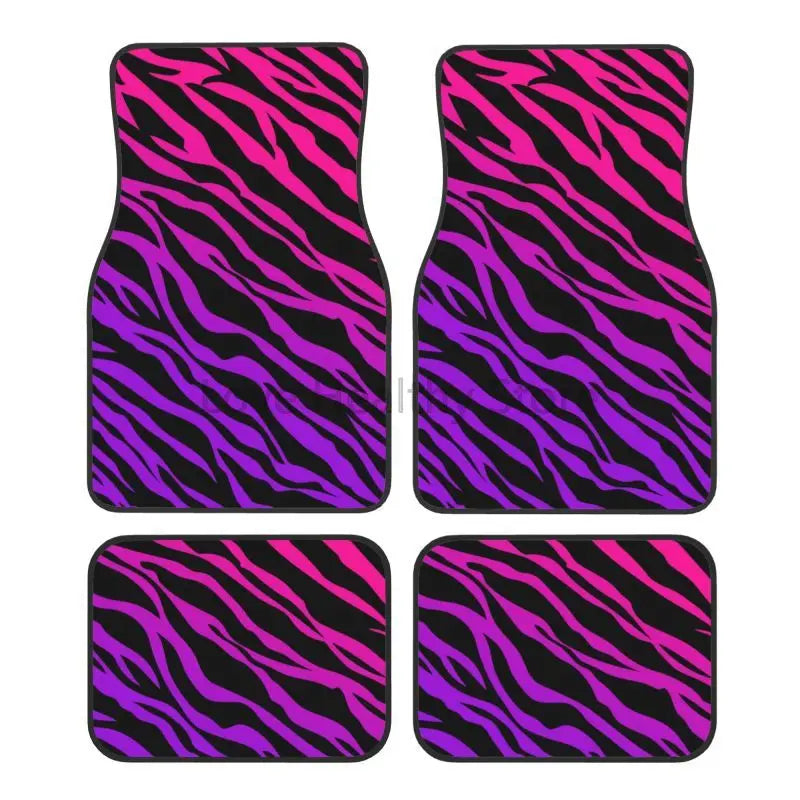 Zebra stripe car floor mats, 4-piece set, non-slip all-weather universal mats for sedan and SUV interior.