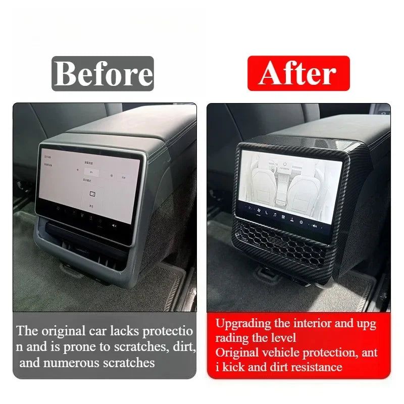 White ABS rear screen cover protector frame and air vent trim for Tesla Model Y interior, by FanzyMarket.