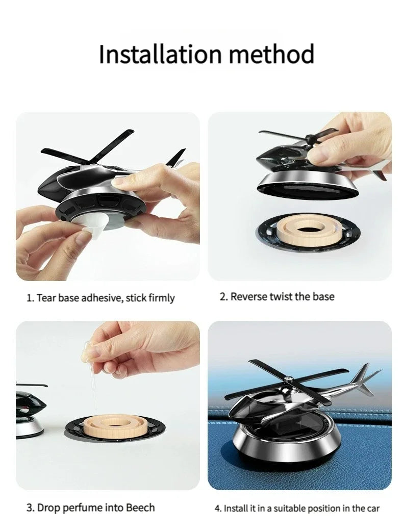 FanzyMarket solar helicopter propeller car air freshener and aromatherapy diffuser, decorative accessory for vehicle interior.