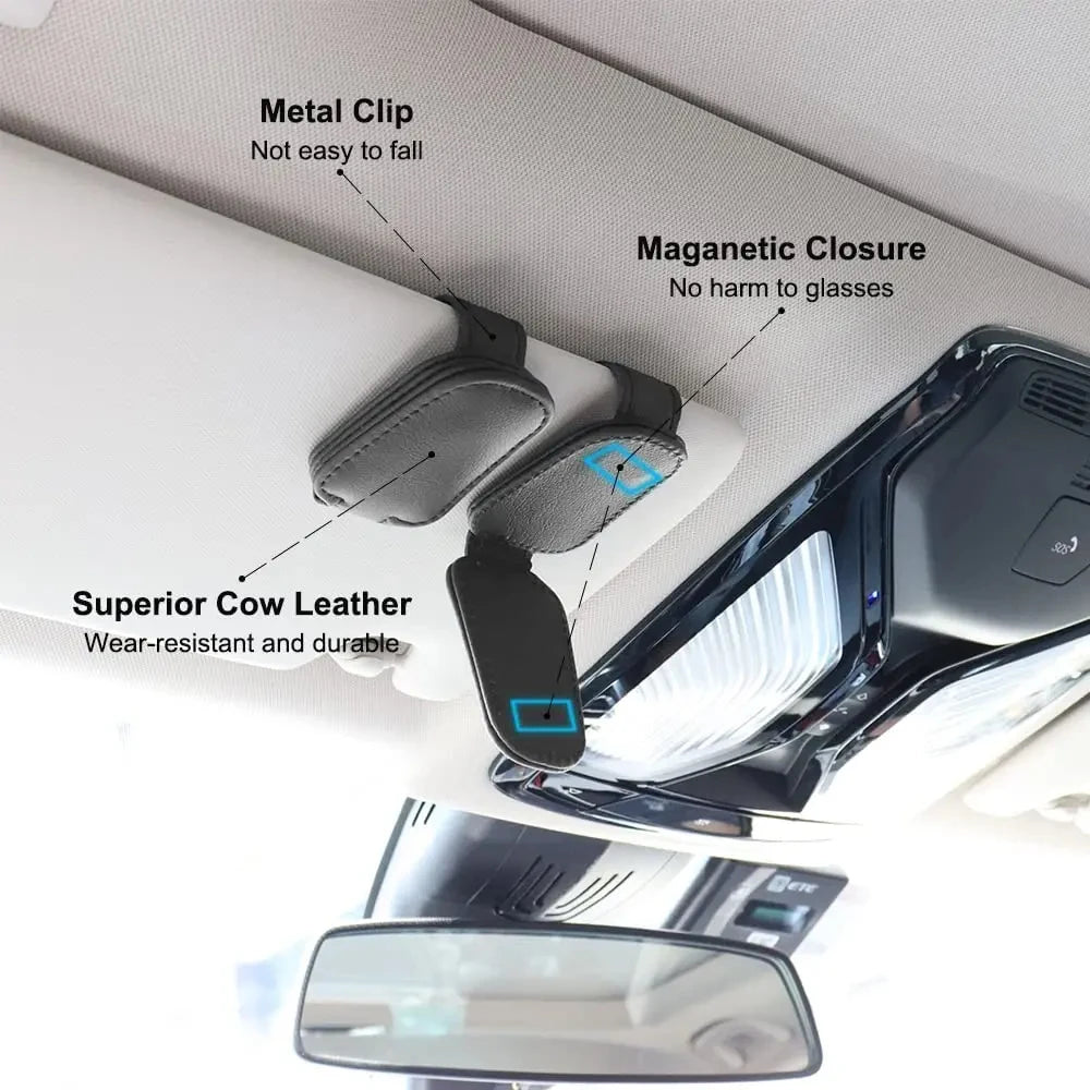 FanzyMarket magnetic car sunglasses holder with foldable leather design, mounted on sun visor for glasses and card storage.