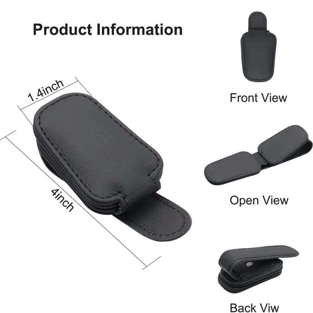 Beige universal magnetic car sunglasses holder with foldable leather sun visor clip for glasses and cards, by FanzyMarket.