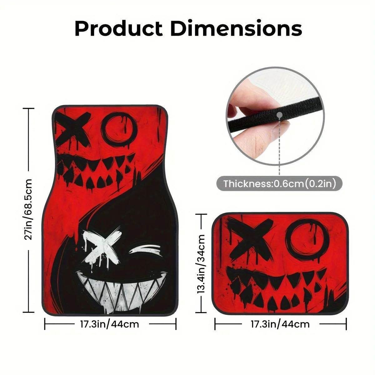 Set of four black and red Halloween-themed universal car floor mats, all-weather, non-slip, durable, designed for auto interiors.