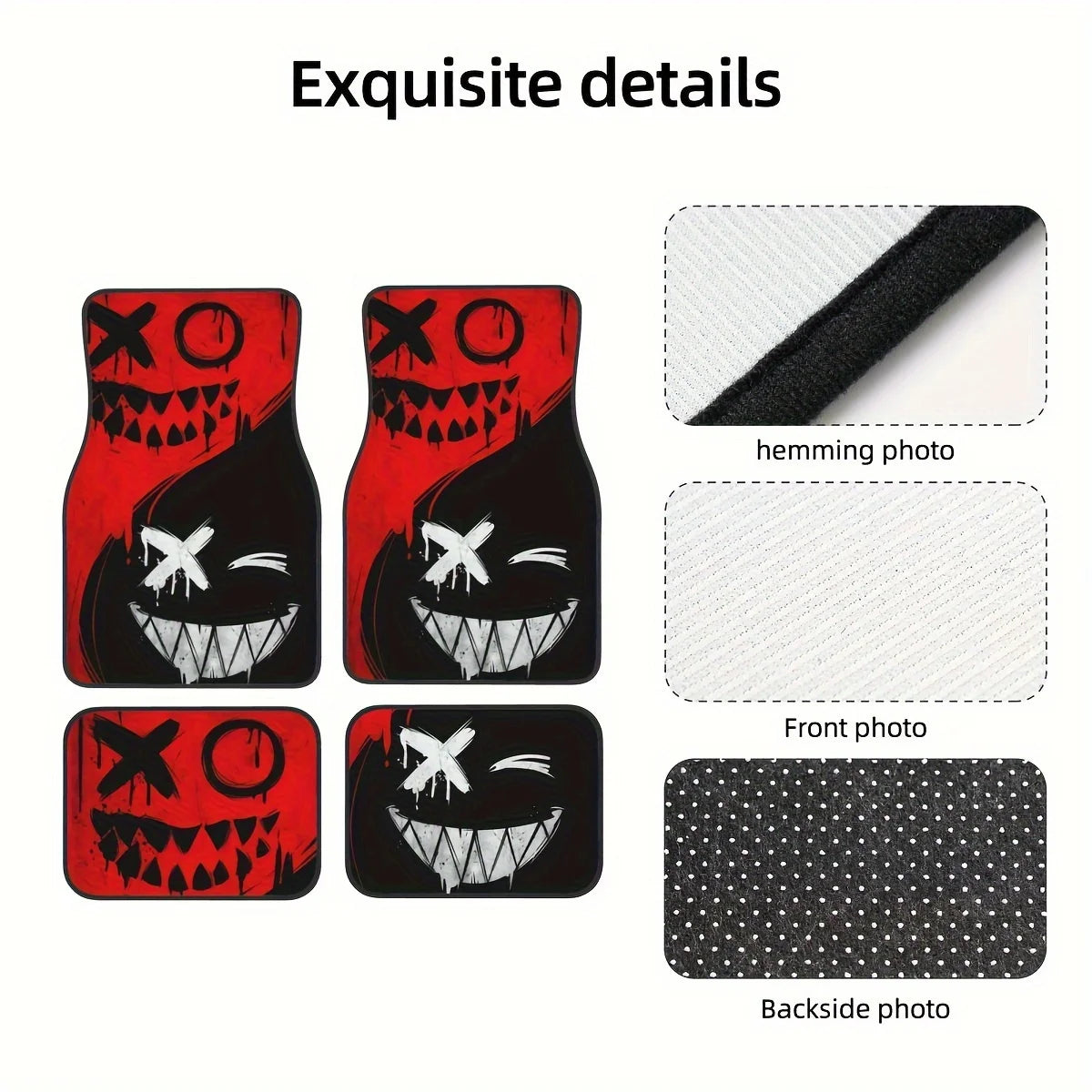 Four black and red Halloween-themed universal car floor mats, all-weather, non-slip, and durable for vehicle interior protection.