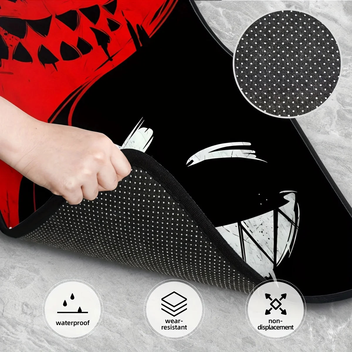 Set of four FanzyMarket universal car floor mats in red and black, all-weather, non-slip, durable, with a spooky Halloween design.