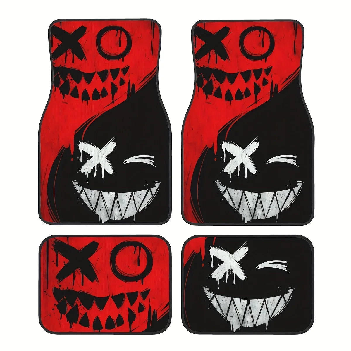 Set of four spooky Halloween red and black universal car floor mats, all-weather, non-slip, durable, for auto interior protection.