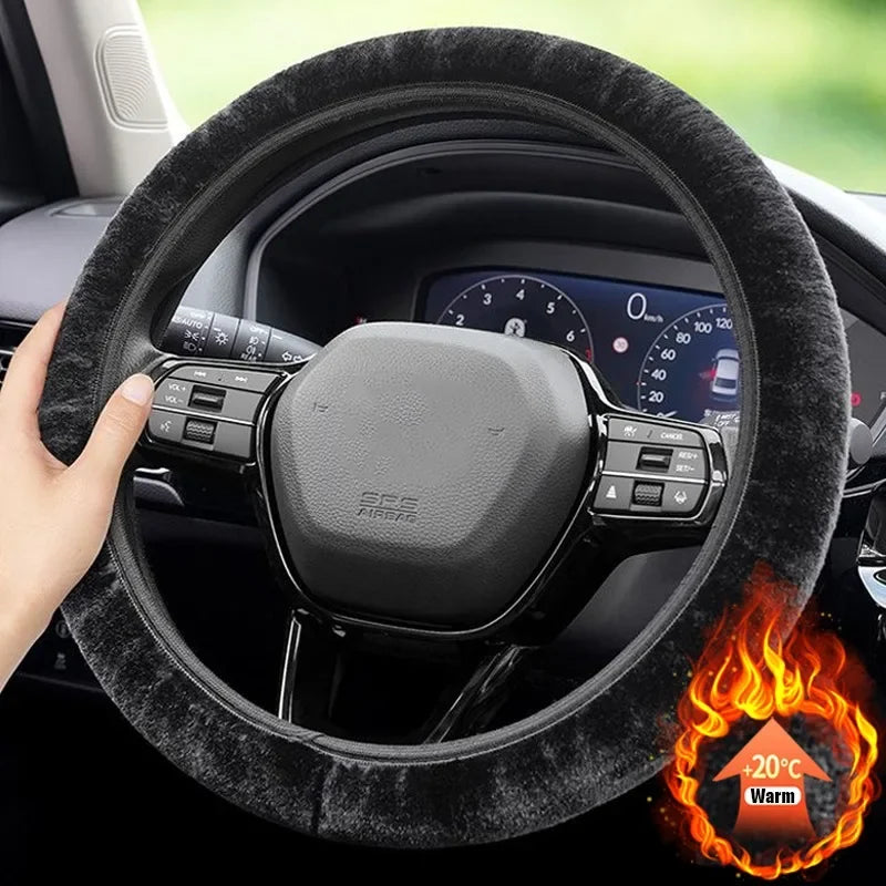 FanzyMarket plush steering wheel cover, 38 cm thick, soft and non-slip, designed for winter warmth and universal fit in most cars.