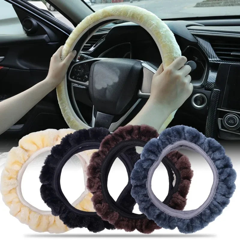 FanzyMarket plush steering wheel cover, 38 cm thick, soft and non-slip, designed for winter warmth and universal fit in most cars.