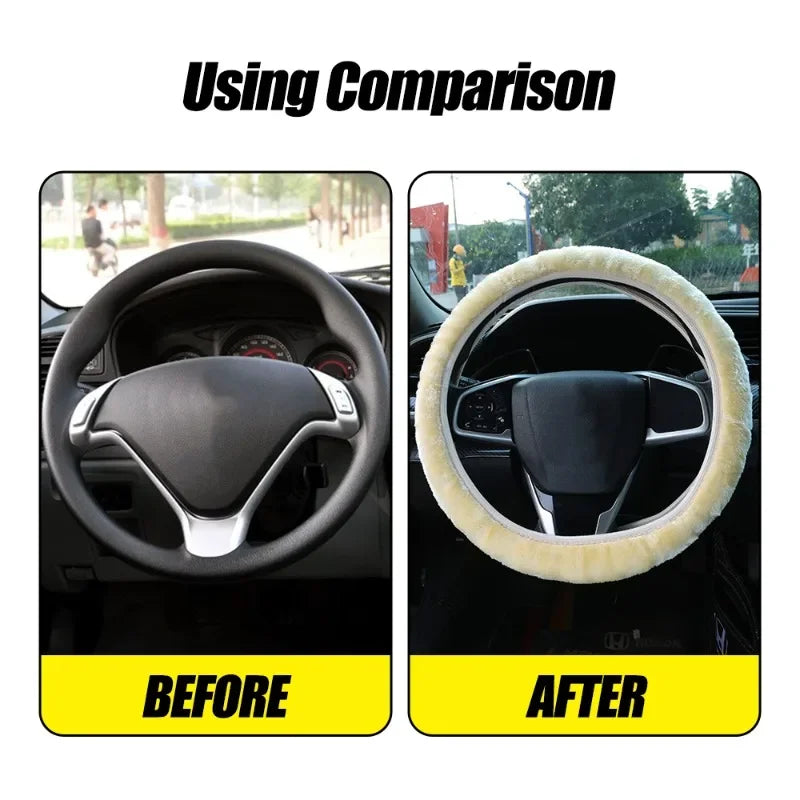 FanzyMarket plush steering wheel cover, 38 cm, thick, soft, non-slip winter warm auto interior accessory for most cars.