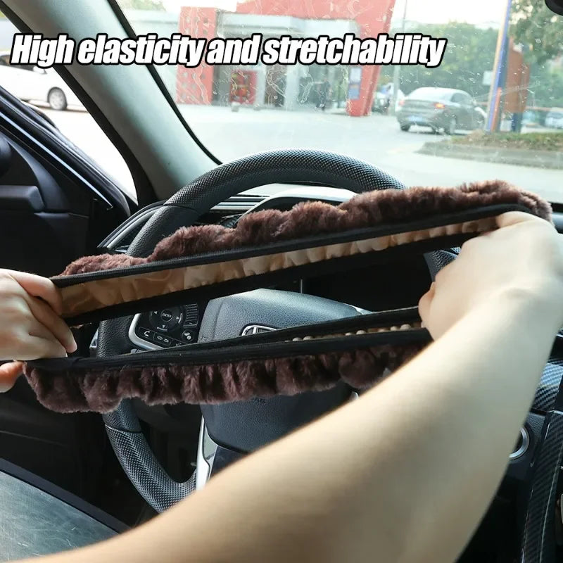 FanzyMarket plush steering wheel cover, 15-inch thick, black, soft, non-slip winter warm cover fits most cars interior.