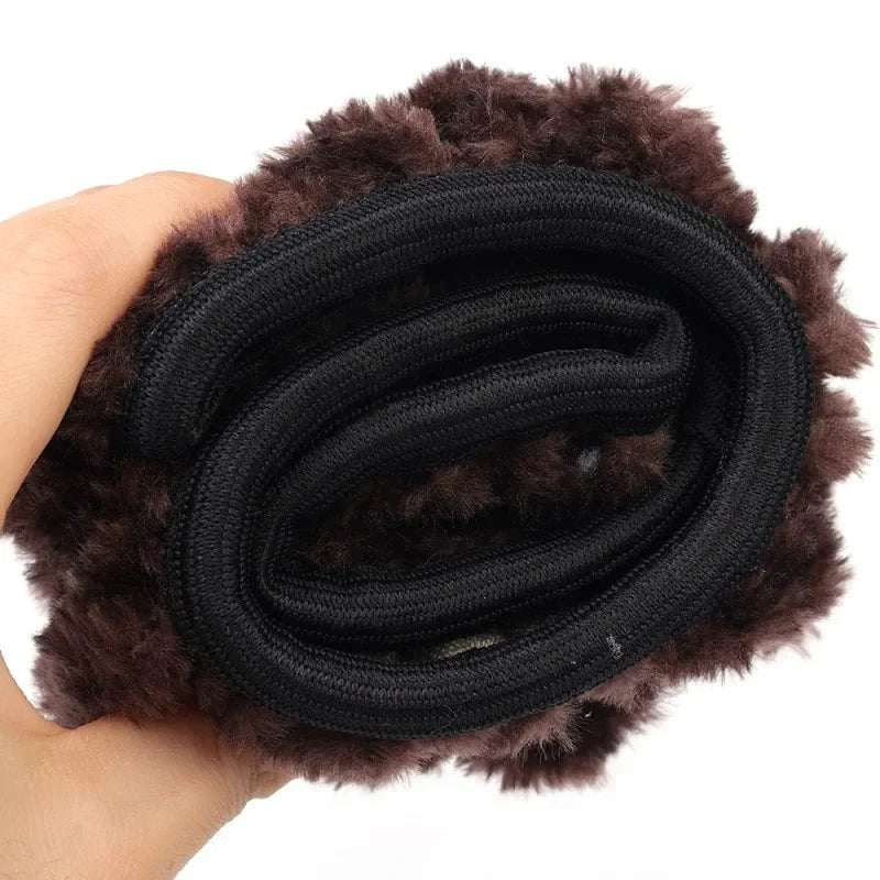 FanzyMarket plush steering wheel cover, 15-inch thick, soft and non-slip black fabric, fits most car steering wheels.