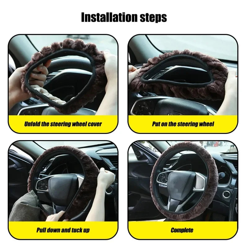 Black plush steering wheel cover, 38 cm (15 in), thick and soft for winter warmth, non-slip, universal fit for most cars.