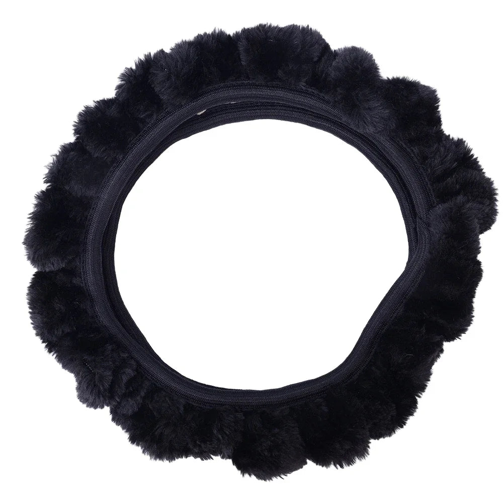Black plush steering wheel cover, 38cm, thick, soft, winter warm, non-slip, universal fit for most cars, FanzyMarket auto interior accessory.