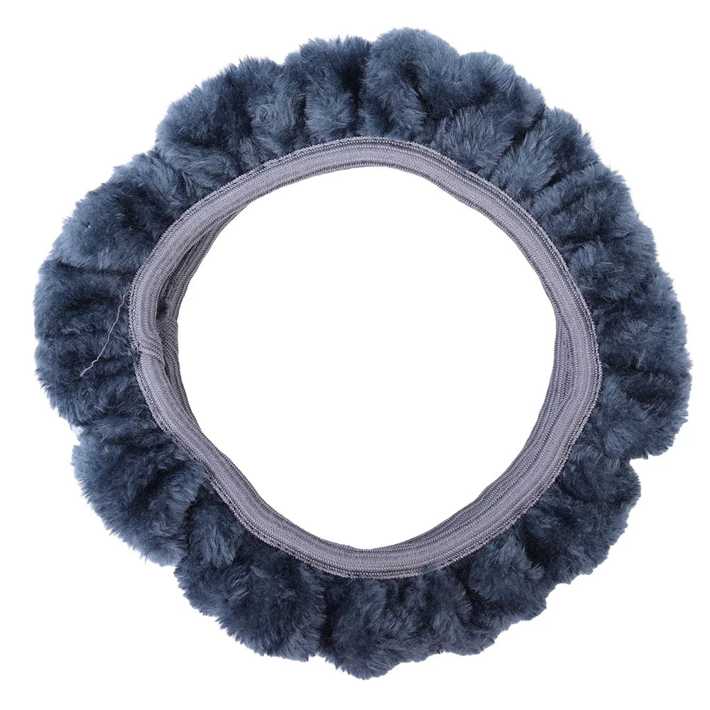 FanzyMarket plush black steering wheel cover, 38 cm, thick, soft, non-slip winter warm accessory for most car interiors.