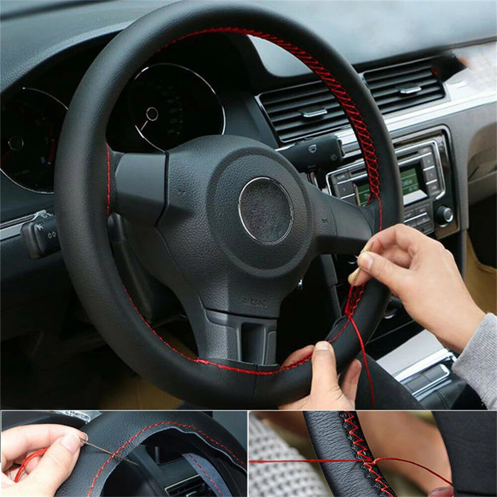 FanzyMarket universal 15-inch braided microfiber leather steering wheel cover with wear-resistant grip for auto interior.