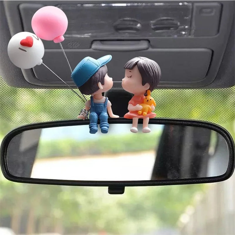 Cute cartoon couple car dashboard figurines by FanzyMarket, featuring a romantic balloon ornament for car interior decor.