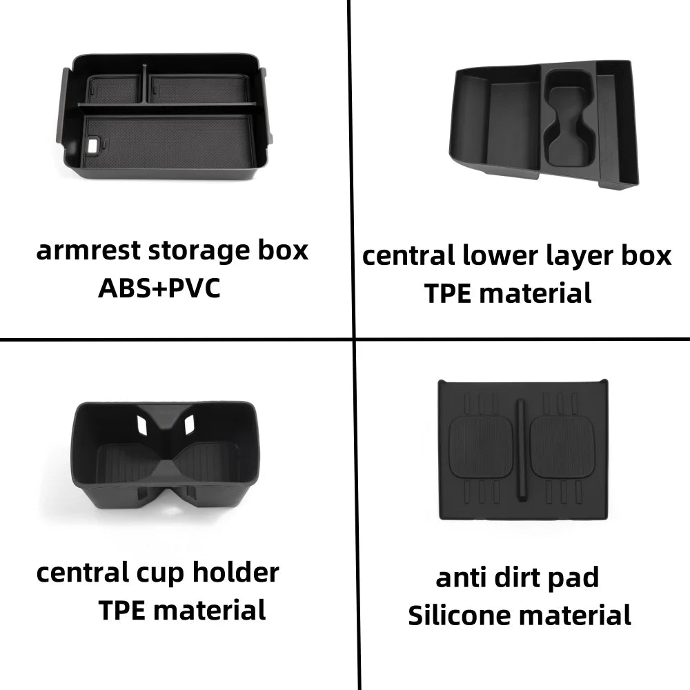 FanzyMarket black armrest storage box and cup holder organizer for car interior with anti-dirt pad, fits auto and moto interiors.