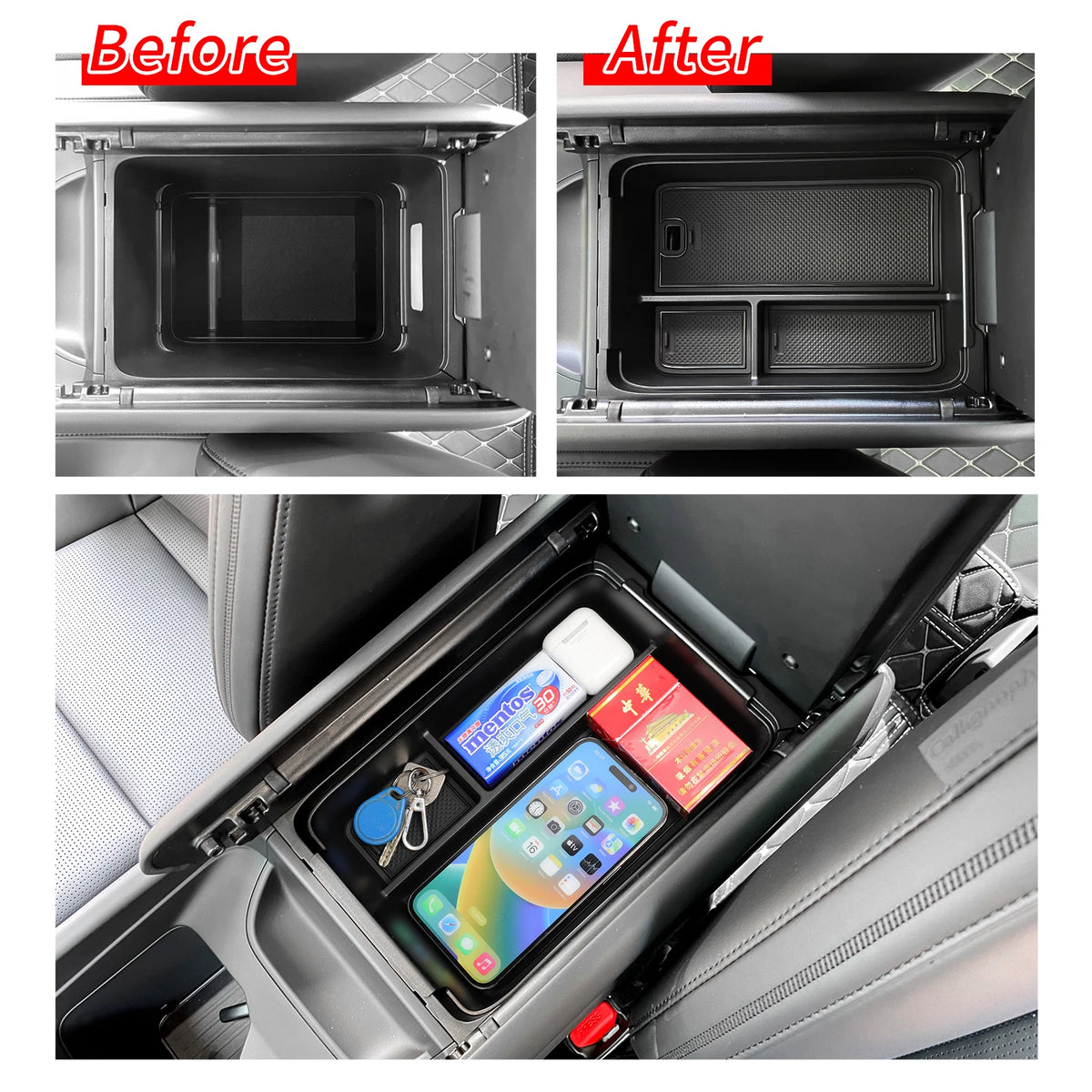 Black FanzyMarket armrest storage box and cup holder organizer for car interior, with anti-dirt pad and convenient storage compartments.