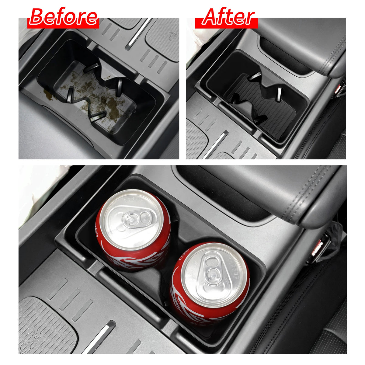 Black FanzyMarket armrest storage box and cup holder organizer for car interior, featuring anti-dirt pad and compact design.