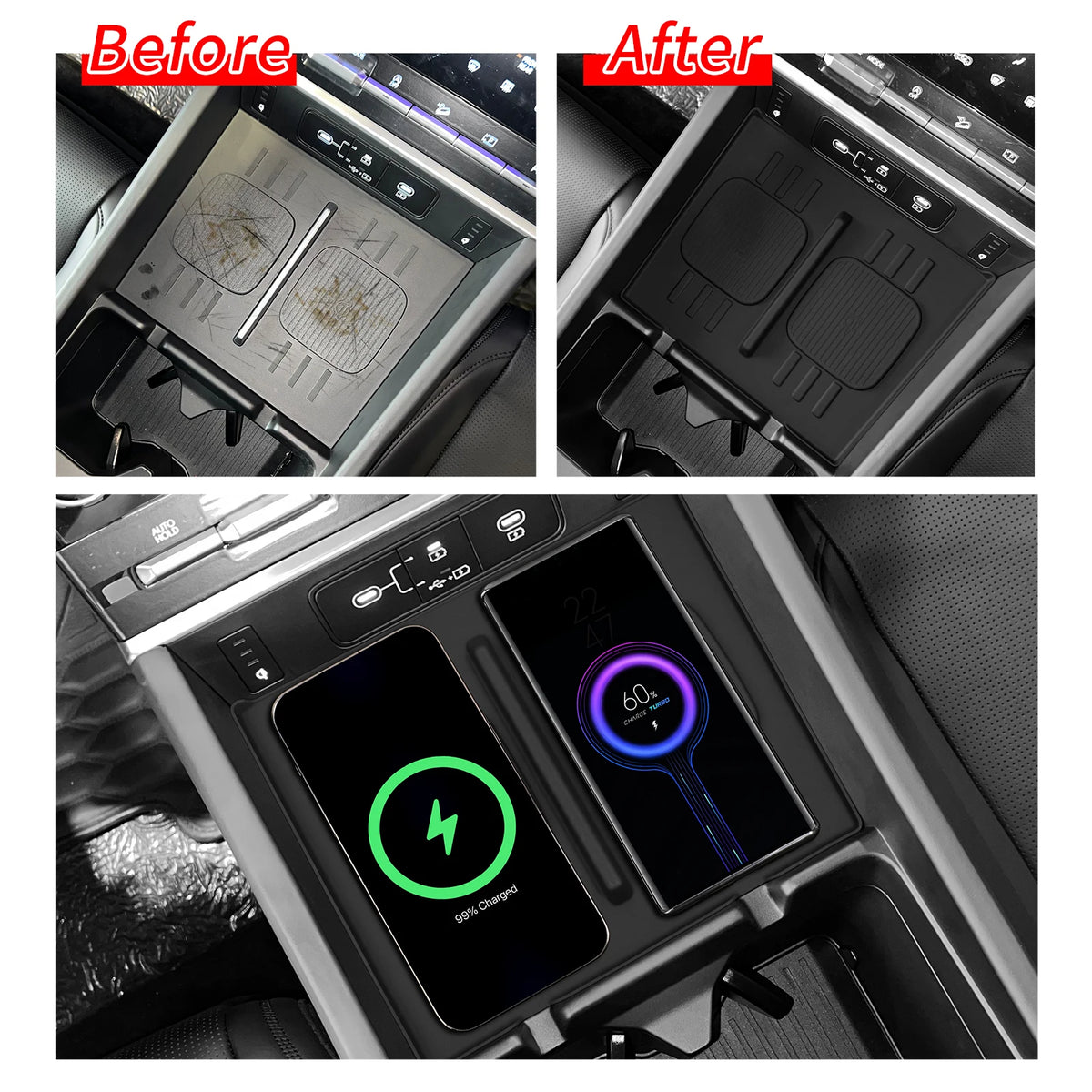 Black armrest storage box and cup holder organizer for car interior, with anti-dirt pad, by FanzyMarket.