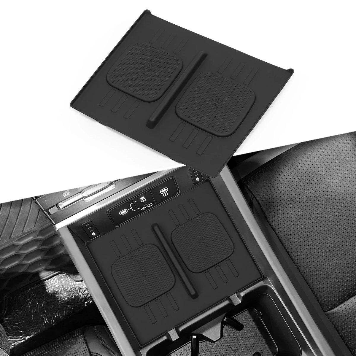 FanzyMarket black armrest storage box and cup holder organizer with anti-dirt pad, designed for car interior storage and convenience.
