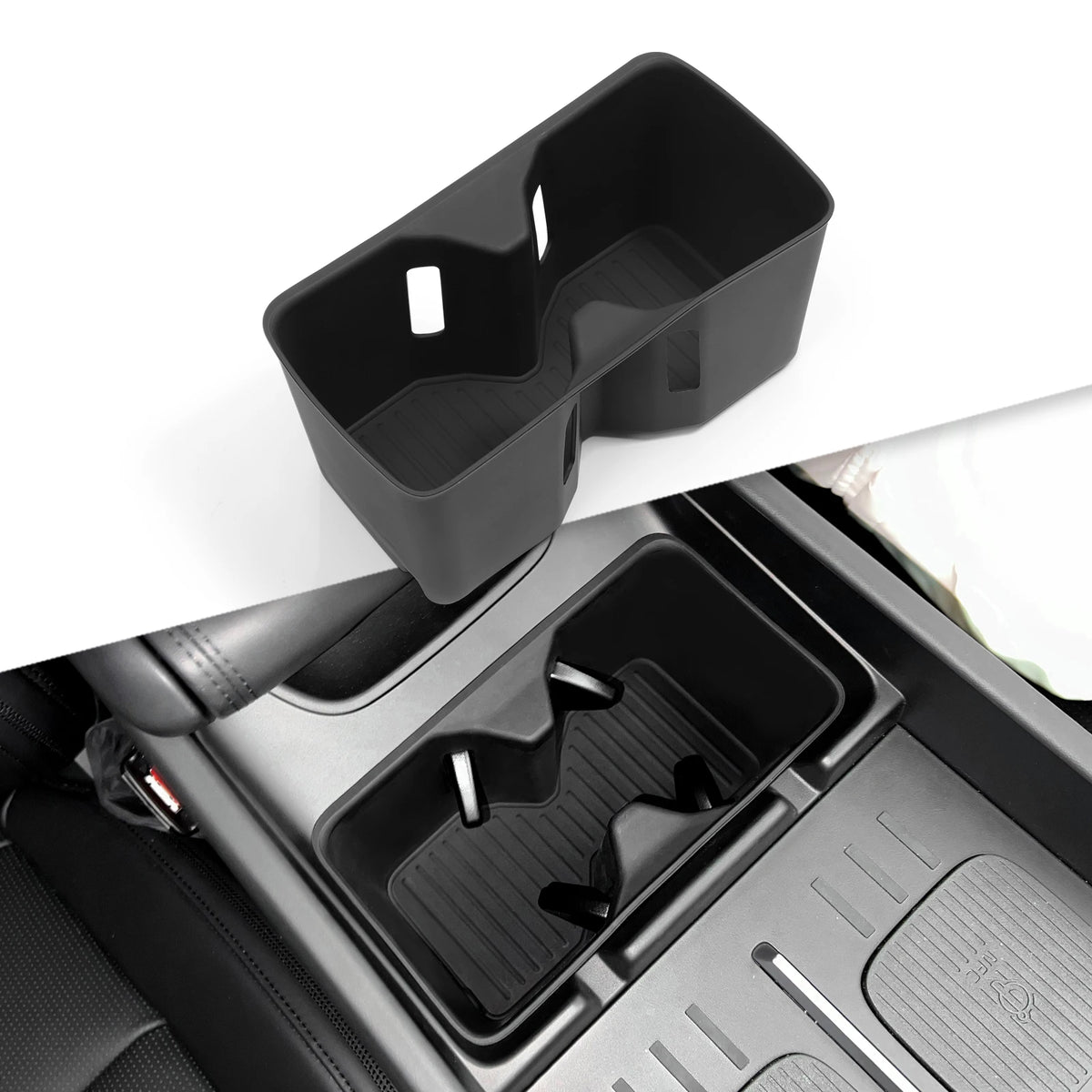 Black FanzyMarket armrest storage box and cup holder organizer for car interior with anti-dirt pad, suitable for auto and moto use.