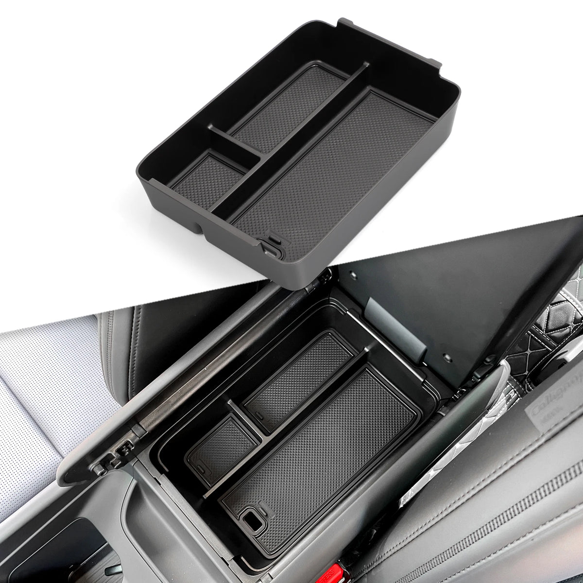 FanzyMarket black armrest storage box and cup holder organizer for car interior with anti-dirt pad, ideal for keeping essentials tidy.
