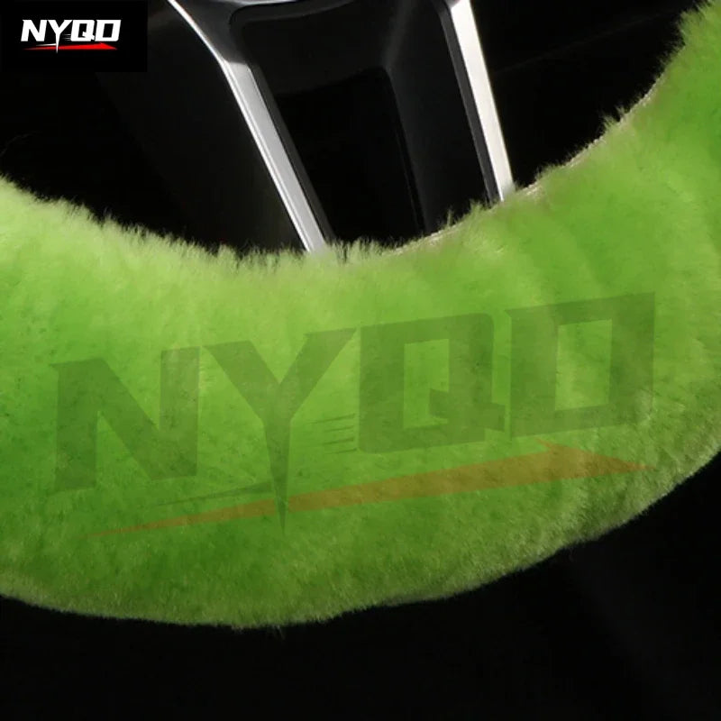FanzyMarket plush wool steering wheel cover featuring a cartoon frog design, fits 35-42 cm auto wheel with short fur texture.