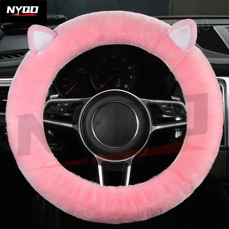 FanzyMarket plush wool steering wheel cover featuring a cartoon frog design, fits 35-42 cm car steering wheels for a cozy grip.