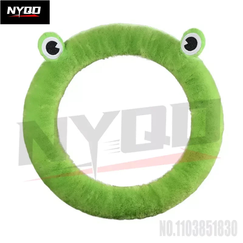 FanzyMarket plush wool steering wheel cover featuring a cartoon frog design, fits 35–42 cm car steering wheels, short fur texture.