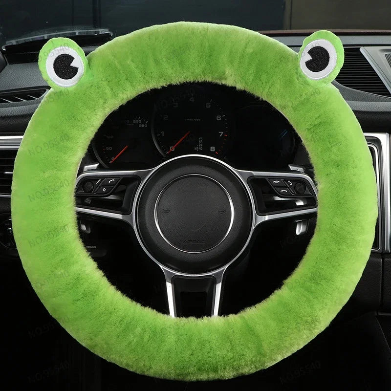 FanzyMarket plush wool steering wheel cover featuring a cartoon frog design, fits 35-42 cm auto interior wheel protector.