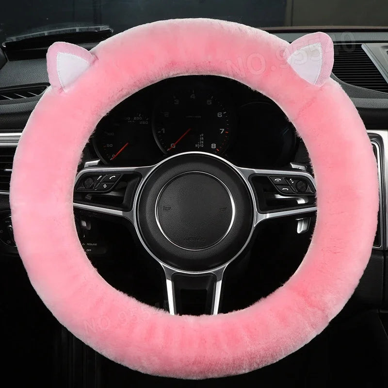 FanzyMarket plush wool steering wheel cover featuring a cartoon frog design, fits 35-42 cm car steering wheels.