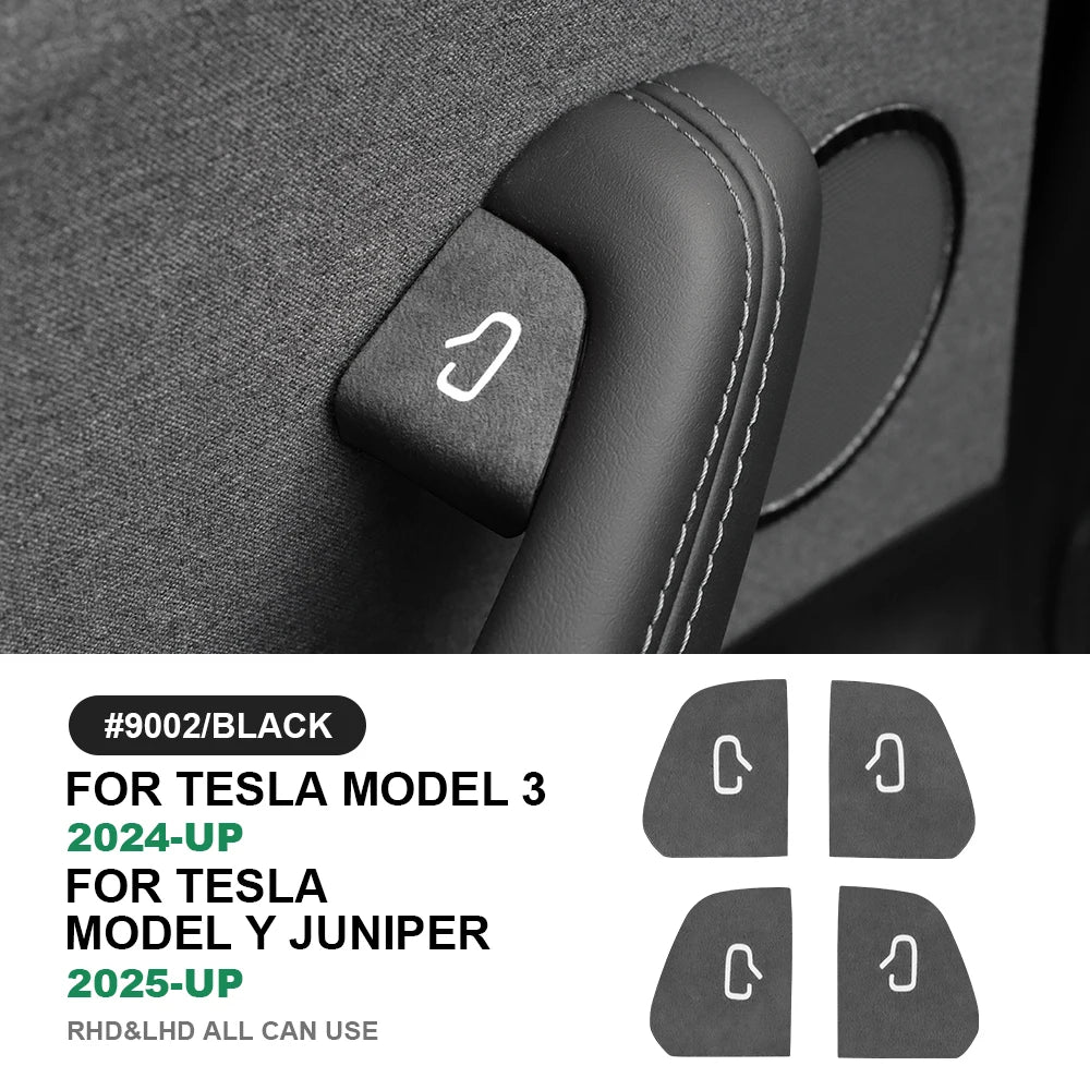 Set of four FanzyMarket Italian Alcantara suede door switch trim covers for car interior, stylish and soft-touch auto accessories.