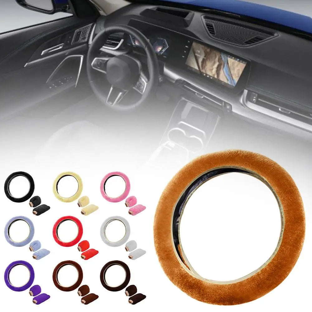 FanzyMarket plush faux fur steering wheel cover, universal 37-38 cm, soft warm, anti-slip auto interior accessory.