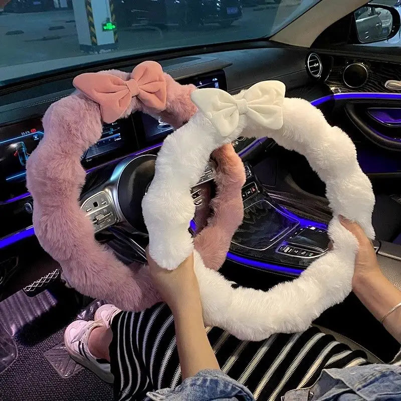 FanzyMarket plush velvet steering wheel cover for winter, soft and cute interior car accessory designed for women.