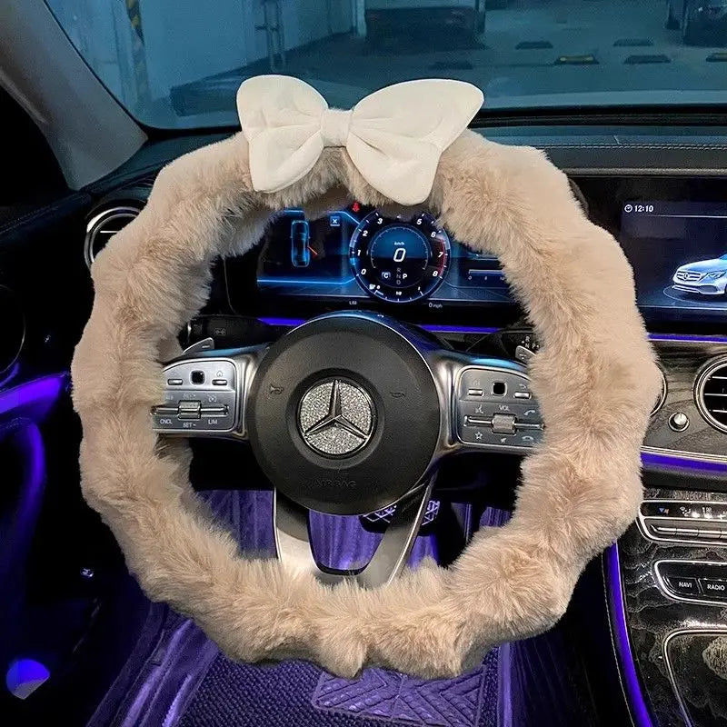 FanzyMarket plush velvet steering wheel cover, soft winter car handlebar cover for women, high-end interior auto accessory