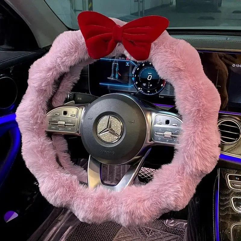 FanzyMarket plush velvet steering wheel cover, soft winter car handlebar accessory with a cute, high-end interior design for women.