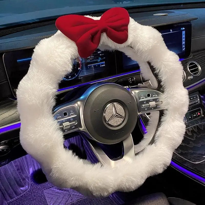 FanzyMarket plush velvet steering wheel cover for winter, soft and cute, designed for women, high-end interior car accessory.