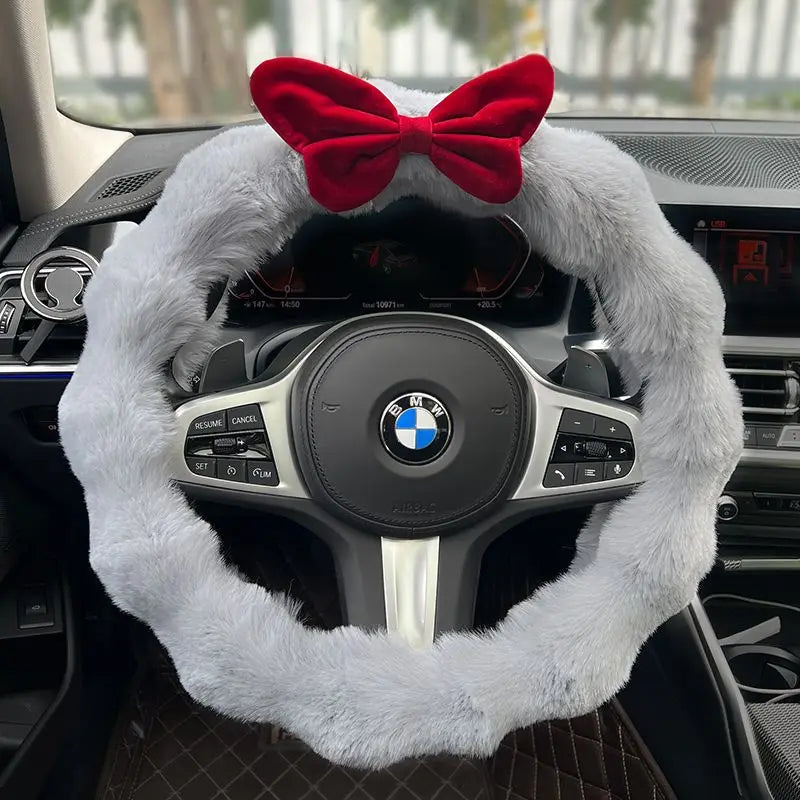 FanzyMarket plush velvet steering wheel cover for winter, soft and cute interior accessory for women, auto interior decor.