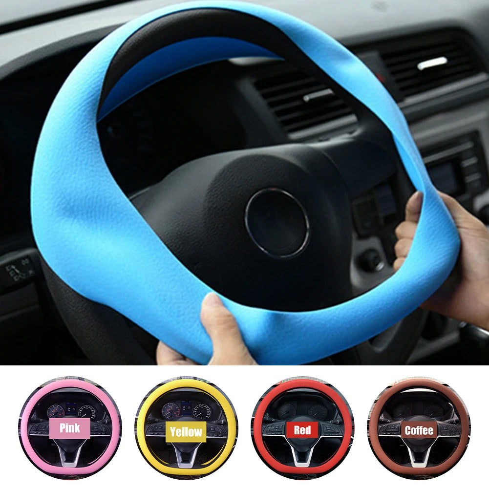FanzyMarket universal silicone steering wheel cover in purple, elastic non-slip grip fits 36-40 cm car wheels.