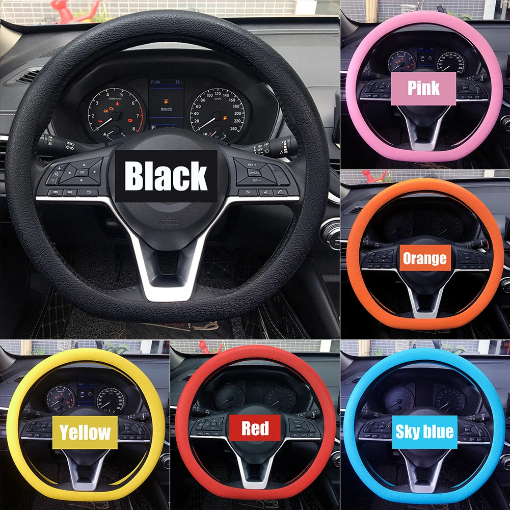 FanzyMarket universal silicone steering wheel cover with non-slip grip, fits 36-40 cm (14-16 in) multi-color car steering wheels.