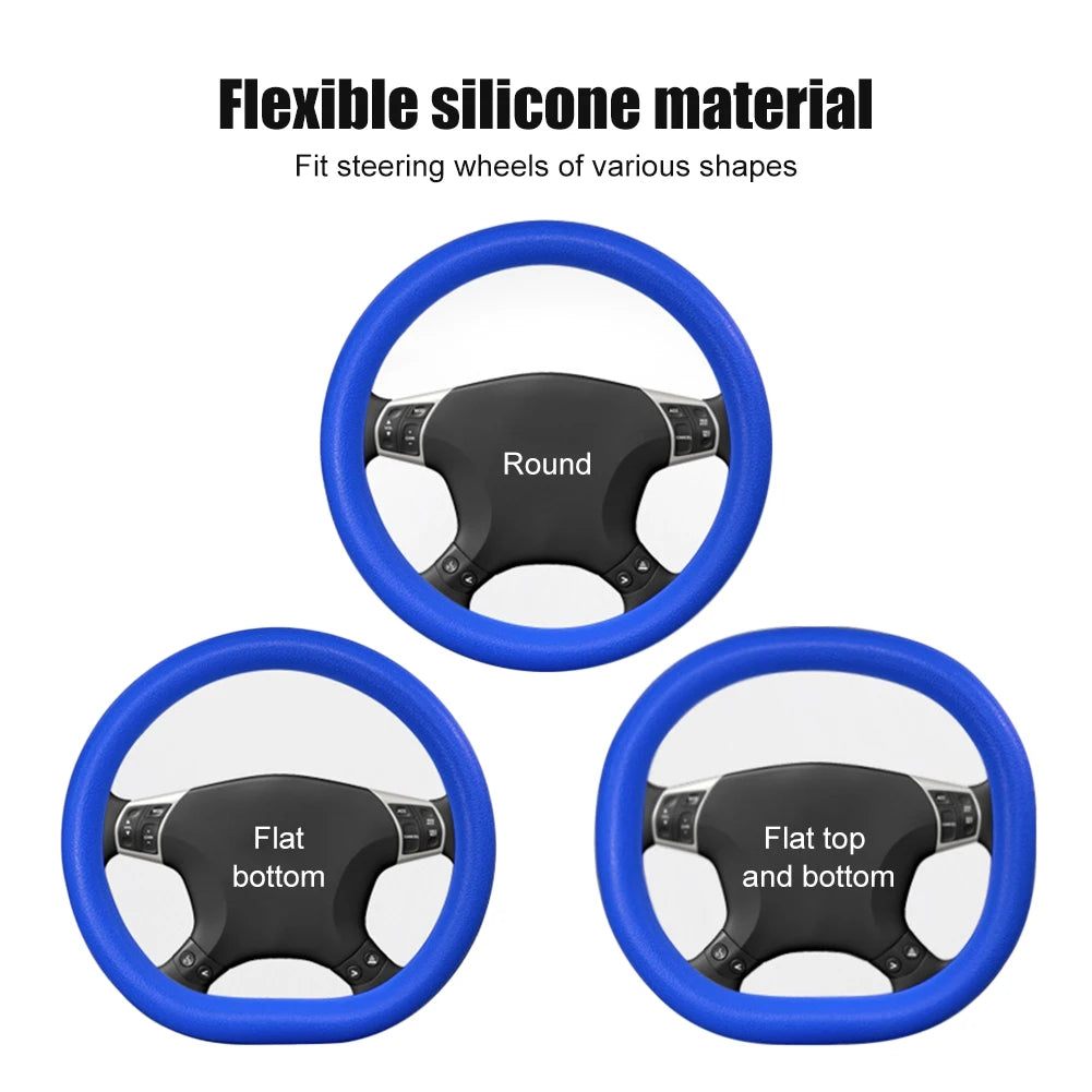 FanzyMarket universal silicone steering wheel cover in purple with elastic non-slip grip, fits 36-40 cm (14-16 in) wheels.