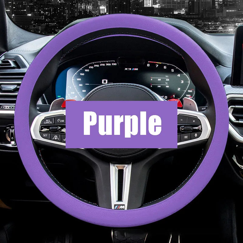 Purple universal silicone steering wheel cover with elastic non-slip grip, fits 36-40 cm (14-16 in) car steering wheels.